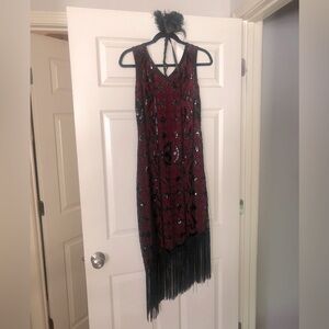 Red and Black Beaded Fringe Dress